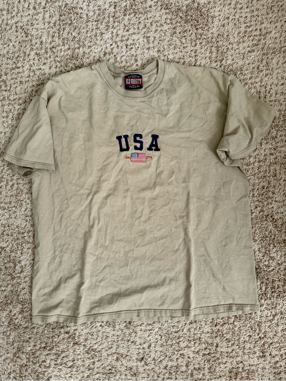 VINTAGE Varsity USA Embroidered Short-Sleeve Tee - Khaki